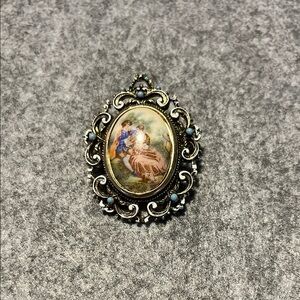 Gold Fragonard Courting Couple Oval Brooch with Intricate Design